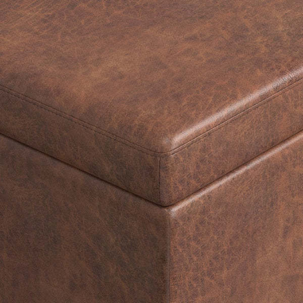 English Elm Lincoln Extra Large Storage Ottoman Bench with Distressed Saddle Brown Vegan Leather, 54" Wide, Stitched Design, Child-Safe Hinge B2732P253623