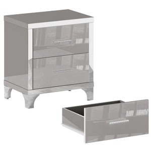 English Elm High Gloss Mirrored 2 Drawer Nightstand Slim Metal Legs Modern Bedroom Side Table Grey W5271P416536