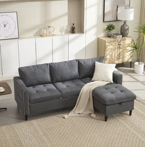 English Elm Small L-Shaped Sofa with Storage Ottoman and Side Pockets, Velvet 3-Seat Space-Saving Couch Dark Gray W2705P255386