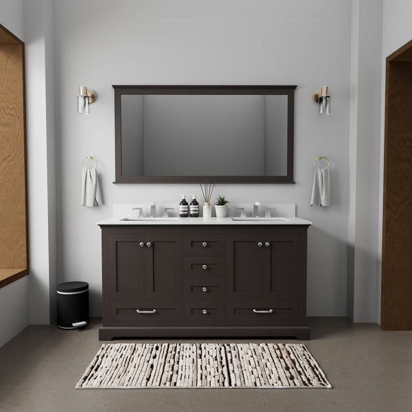 English Elm Espresso 60" Double Bath Vanity with White Quartz Top, Solid Wood Frame, Soft-Close Drawers, Storage B2731P258254