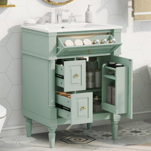 English Elm 24 Inch Freestanding Vanity with Ceramic Sink Rubberwood Frame Matte Finish Storage Green N725P356058F