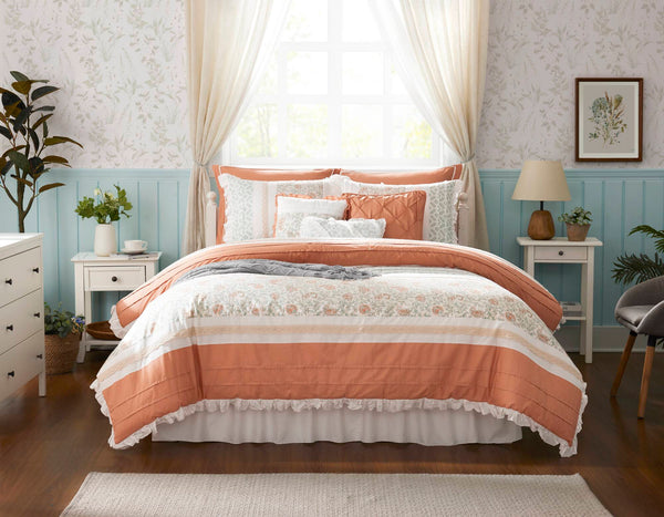 English Elm 9 Piece Cotton Percale Comforter Set - Charming Coral Queen Bedding With Shabby Chic Design & Pillows B03596894