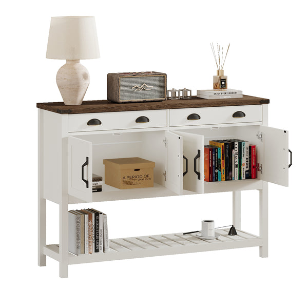 English Elm 47'' Modern Farmhouse Console Storage Table with Two Drawers Four-Door Cabinet and Slatted Shelf for Entryway Living Room Organization and Display Brown,Soft White T3771P372058
