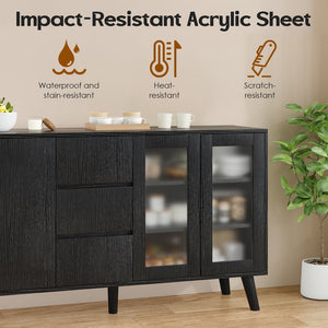 English Elm Farmhouse Buffet Cabinet with Pop-Up Doors and 3 Drawers — Rustic 55.5" Sideboard for Dining Room Black T3623P408215