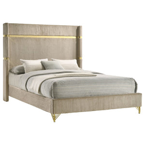 English Elm Malcolm Velvet Wingback Eastern King Bed with Gold Trim Sculptural Headboard Beige B062S01588