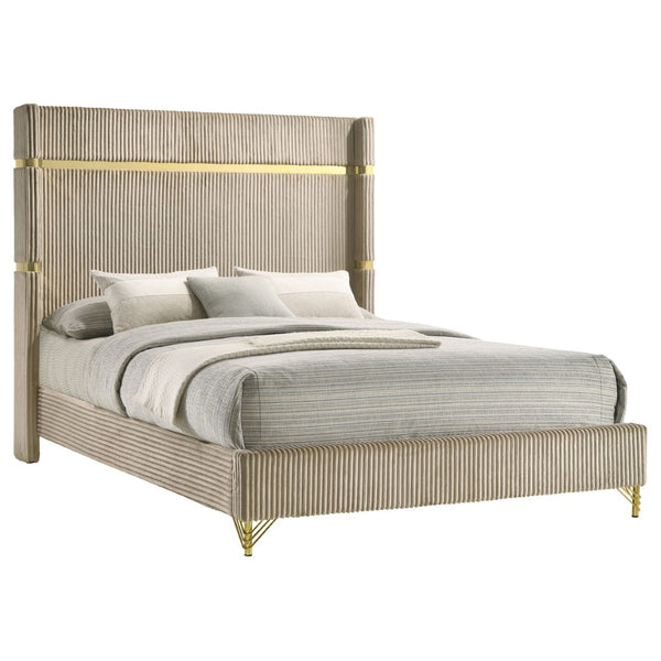 English Elm Malcolm Velvet Wingback Eastern King Bed with Gold Trim Sculptural Headboard Beige B062S01588