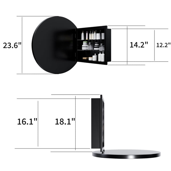 English Elm 23.6 Inch Round Matte Metal Medicine Cabinet with Mirrored Door and Adjustable Shelves Black W1435P312263