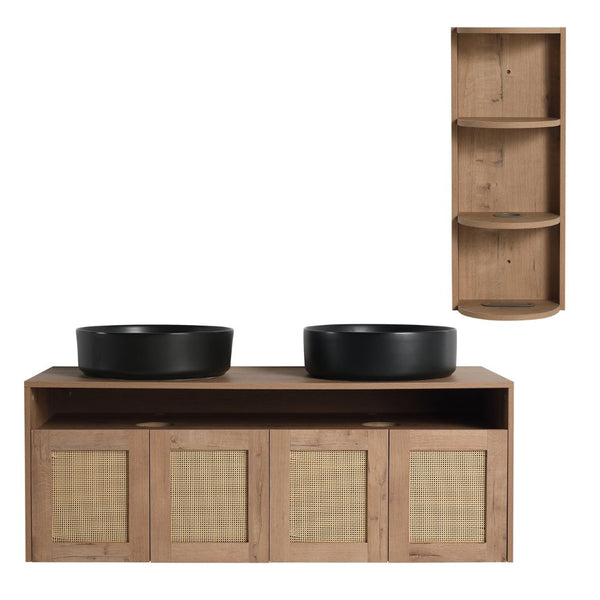 English Elm 48" Floating Bathroom Vanity Oak Finish Dual Ceramic Sinks Four Soft Close Doors W999S00505