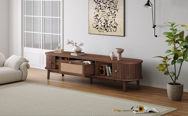 English Elm Modern TV Stand for 75" TVs with Rattan-Front Drawer, Solid Wood Legs, Sliding Doors & Spacious Storage N710P257609P