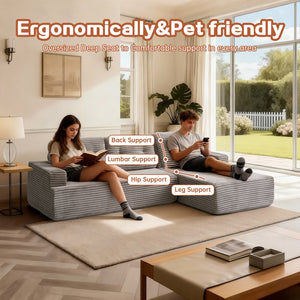 English Elm Right-Facing Chaise modular sectional sofa with plush corduroy, boneless design, converts to bed Brown Gray W3565S00004