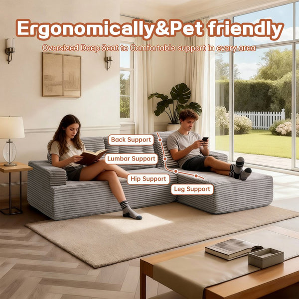 English Elm Right-Facing Chaise modular sectional sofa with plush corduroy, boneless design, converts to bed Brown Gray W3565S00004