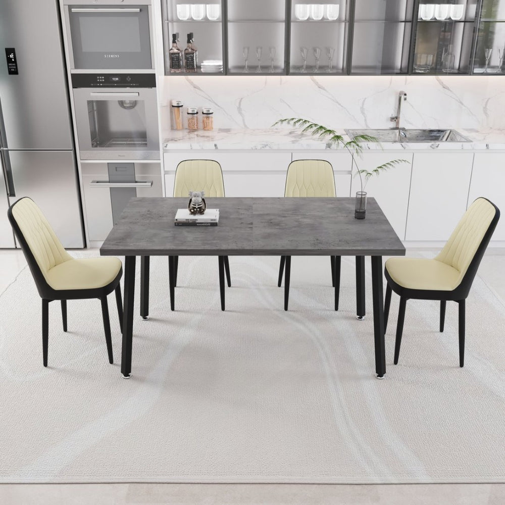 English Elm 55.12-70.87" Expandable Dining Table Set Seats 6 with Pu Upholstered Chairs Black Metal Legs Beige+Grey,Black W2189S00913