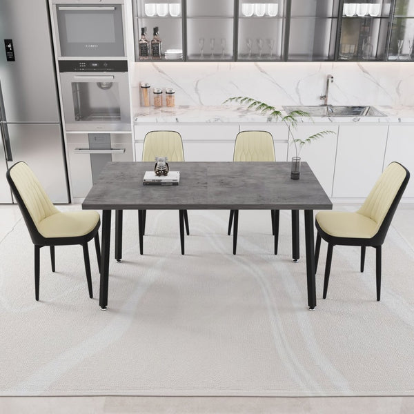 English Elm 55.12-70.87" Expandable Dining Table Set Seats 6 with Pu Upholstered Chairs Black Metal Legs Beige+Grey,Black W2189S00913