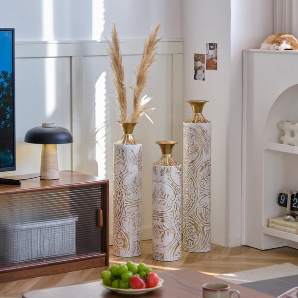 English Elm Floor Metal Vases Set Of 3 - Modern White & Gold Decorative Vases For Home Décor, 24In To 33.5In W2796P237518