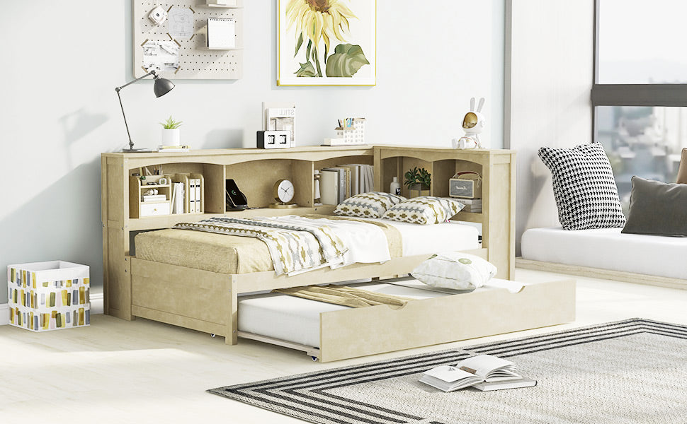 English Elm Twin Size Daybed with Trundle, Built-In Storage Cabinets, Curved Details and Dual USB Ports for Small Spaces Wood GX000353AAD