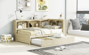 English Elm Twin Size Daybed with Trundle, Built-In Storage Cabinets, Curved Details and Dual USB Ports for Small Spaces Wood GX000353AAD