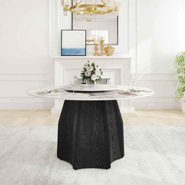English Elm 53" Round Marble Dining Table With Rotating Turntable, Durable Solid Wood Base For 6 Guests W1535S00458