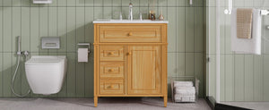 English Elm 30" Pine Wood Bathroom Vanity with Ceramic Sink Soft Close Drawers and Vintage Knobs N725P375498N