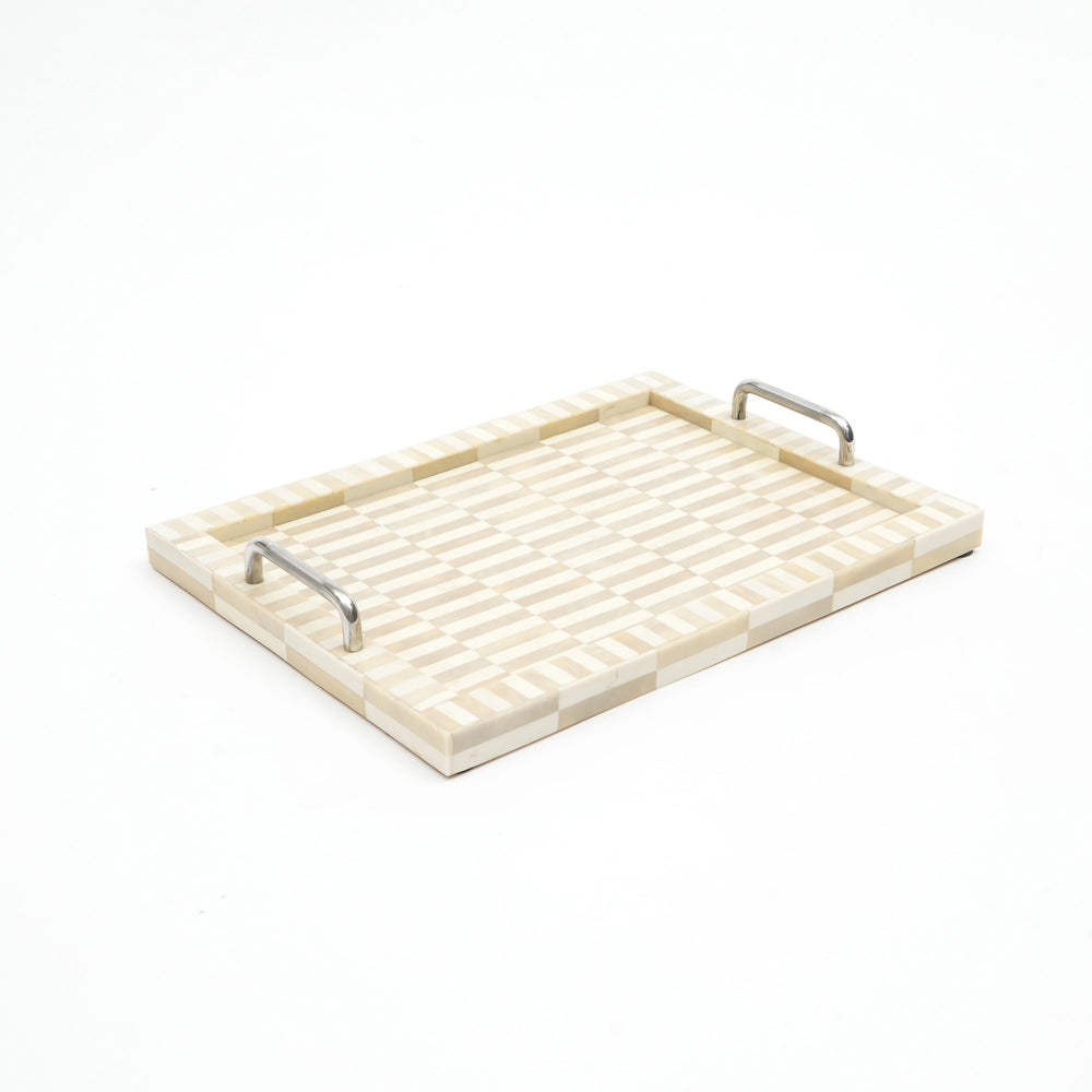 English Elm Handmade Bone & Resin Checkered Serving Tray Set with Handles — Artisanal Decorative Duo for Home White B346P327352