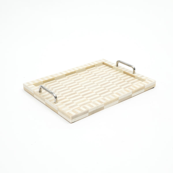 English Elm Stonebridge Handmade Mango Wood Tray in Ivory – 18"x14" Elegant Geometric Serving & Décor Piece B346P327296