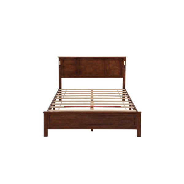 English Elm Queen Pinewood Platform Bed Farmhouse Tall Panel Headboard with Led Lighting and Usb Ports Walnut W504P391092
