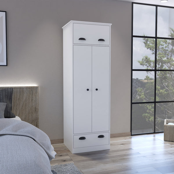 English Elm Falkland Armoire with Spacious Double-Door Closet, Upper Hinged Accessory Drawer and Sleek Handles White 73 L x 24 W x 3 H B070S00232
