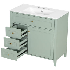 English Elm 36-Inch Green Bathroom Vanity With Sink - Modern Mdf & Rubberwood Freestanding Storage Solution N725P350821F