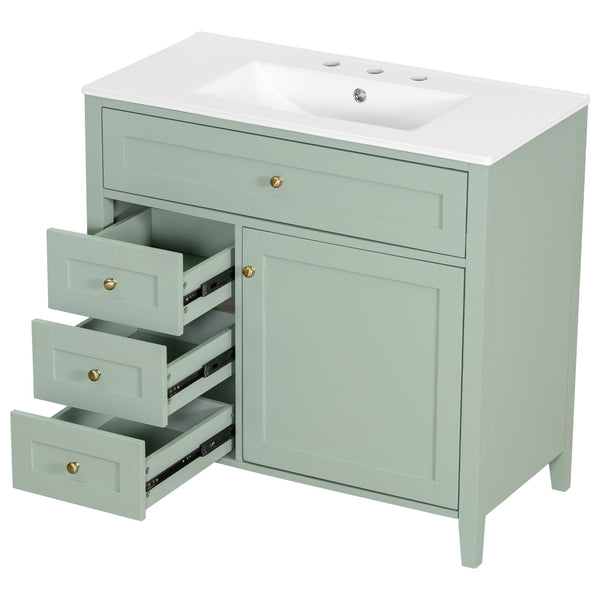 English Elm 36-Inch Green Bathroom Vanity With Sink - Modern Mdf & Rubberwood Freestanding Storage Solution N725P350821F