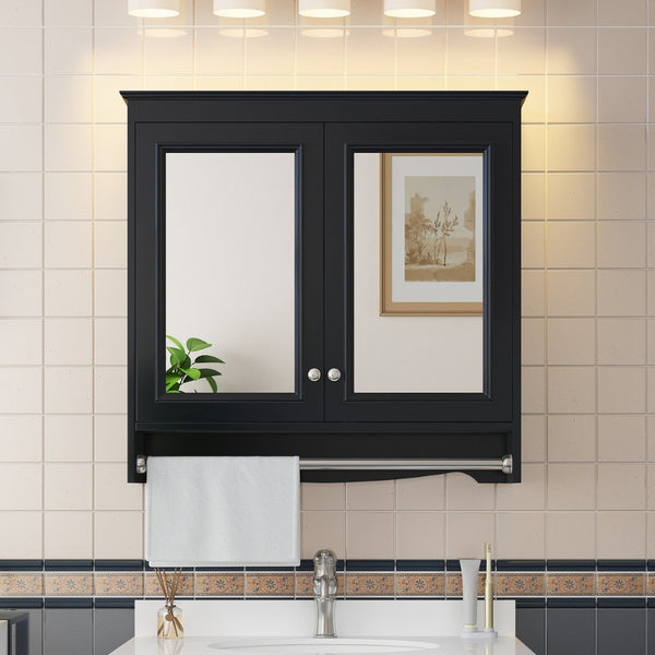 English Elm 3-in-1 Wall Mounted Medicine Cabinet with Soft Close Door Adjustable Shelves and Towel Bar Black N710P405415B