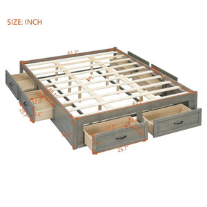English Elm Queen Platform Bed with Six Storage Drawers Low Profile Frame for Modern Bedrooms Antique Gray N708P263022E