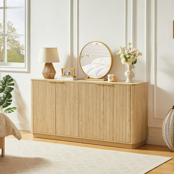 English Elm 63" Wave Front Sideboard with Four Door Storage for Living Room Hallway Bedroom Oak W1820P431360