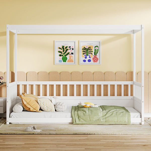 English Elm Twin Pine Canopy Bed Frame with Guardrails for Kids – Montessori Floor Bed with Four Poster Design and Cozy Decor Options White W1858P252838