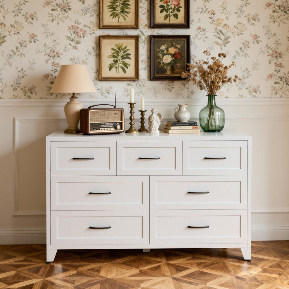 English Elm 7-drawer Steel Dresser Wide Low Profile White Cabinet for Bedroom or Entryway T2398P498867