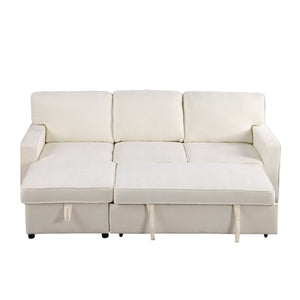 English Elm U_STYLE Chenille Upholstery Sleeper Sectional Sofa with Pull-Out Bed, Chaise Storage & Comfort Beige W1099S00146