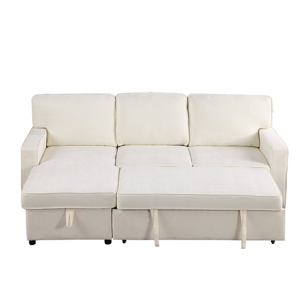 English Elm U_STYLE Chenille Upholstery Sleeper Sectional Sofa with Pull-Out Bed, Chaise Storage & Comfort Beige W1099S00146