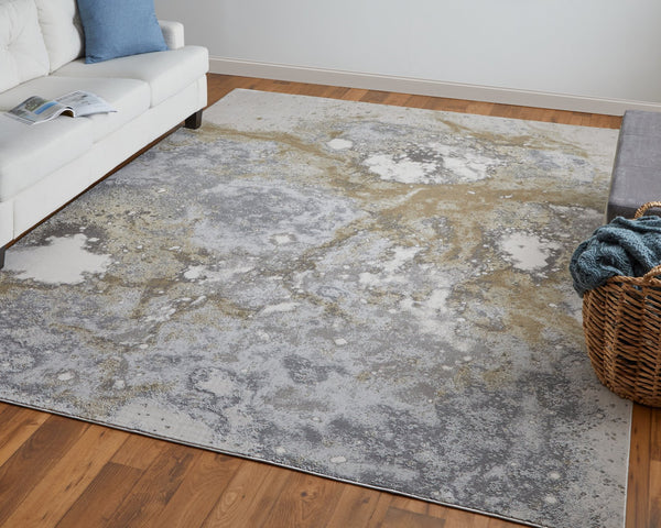 Feizy Rugs Astra Abstract Watercolor Rug – Elevate Your Space With Luxurious Metallic Designs And Soft Texture Gray,Gold,Ivory Polyester,Polypropylene Ara39l3fgrygldj00