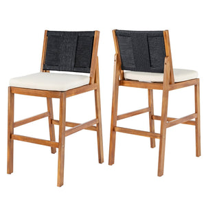 English Elm Outdoor Acacia Wood Barstools Set of 2 Wicker Back Patio Seating with Cushions Black,Cream,Teak N773P358719R