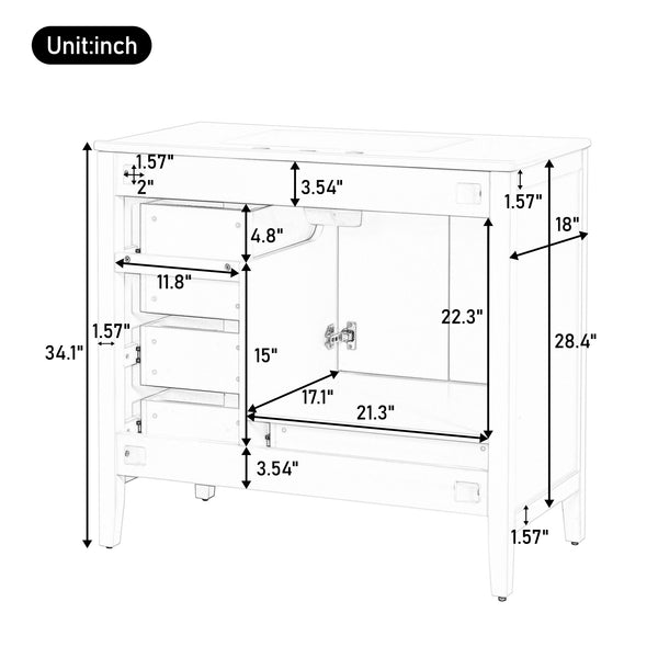 English Elm Christopher Knight Home® - 36" Vintage-inspired Bathroom Vanity with Ceramic Sink, Solid Wood Frame, Soft-Close Drawers, Spacious Storage Blue N759P293646C