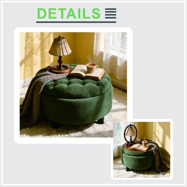 English Elm 25 Inch Round Fabric Pouf Ottoman with Removable Wooden Lid and Hidden Interior Storage Dark Green W5568P461364