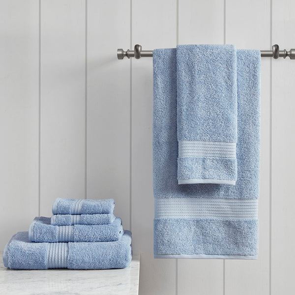 JLA Home Madison Park - 6 Organic Cotton Towel Set — 650 GSM Hotel-Soft, GOTS & OEKO-TEX Certified, Quick-Dry, Plush Absorbency Blue MP73-6181