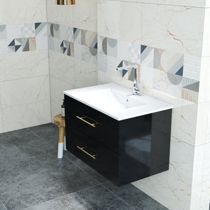 English Elm 30-Inch Sleek Black Gloss Wall-Mounted Bathroom Vanity With Integrated Sink & Easy Installation Options W3151S00054