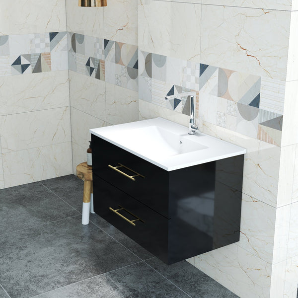 English Elm 30-Inch Sleek Black Gloss Wall-Mounted Bathroom Vanity With Integrated Sink & Easy Installation Options W3151S00054
