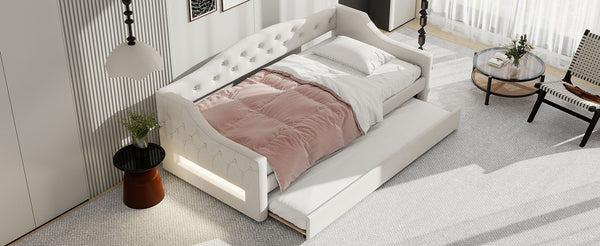 English Elm Upholstered Twin XL Daybed with Built-In LED Belt and Trundle, Linen Backrest, Modern Guest Bed Beige DL002050AAA