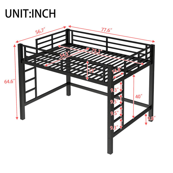 English Elm Full Metal Loft Bed with Sturdy Frame, Easy-Climb Ladder, Guardrails & Underbed Storage Space Black W1580P370678