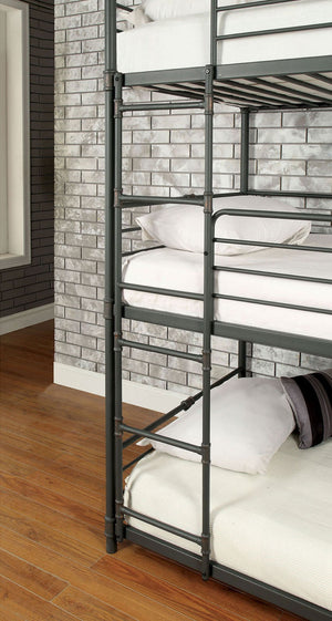 English Elm Twin Industrial-Style Triple Bunk Bed - Sturdy Metal Frame, Antique Black Finish, Dual Ladders & Guard Rails B2741S00393-GIGA