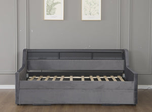 English Elm Twin Size Daybed With Trundle, Plush Velvet Upholstery, Led Lights & Charging Station For Modern Spaces W1670S00026-GIGA