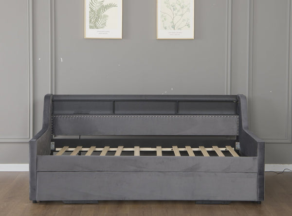 English Elm Twin Size Daybed With Trundle, Plush Velvet Upholstery, Led Lights & Charging Station For Modern Spaces W1670S00026-GIGA