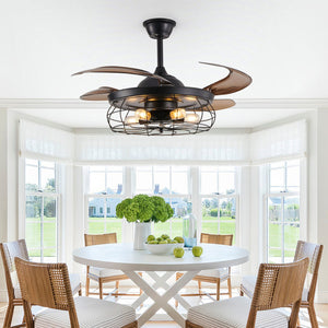 English Elm 48" Industrial Black Ceiling Fan Light with 4-Blade Cage, Remote, Silent DC Motor, Reversible Speed W2312P374994