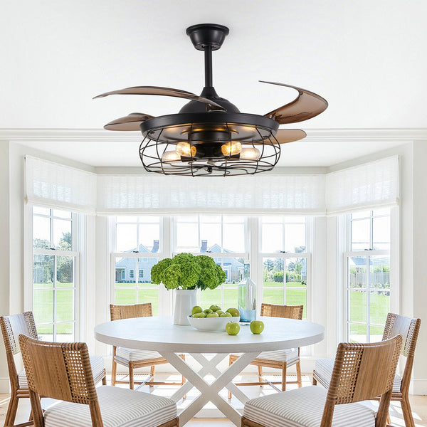 English Elm 48" Industrial Black Ceiling Fan Light with 4-Blade Cage, Remote, Silent DC Motor, Reversible Speed W2312P374994