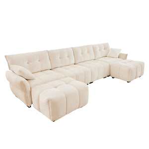 English Elm 4-seater Chenille Sofa Set with Ottomans Solid Wood Frame Tufted Living Room White W714S01658